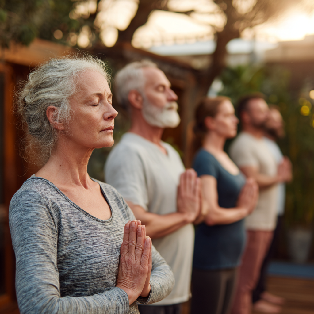 group of middle-aged people practicing gentle yoga poses in serene environment