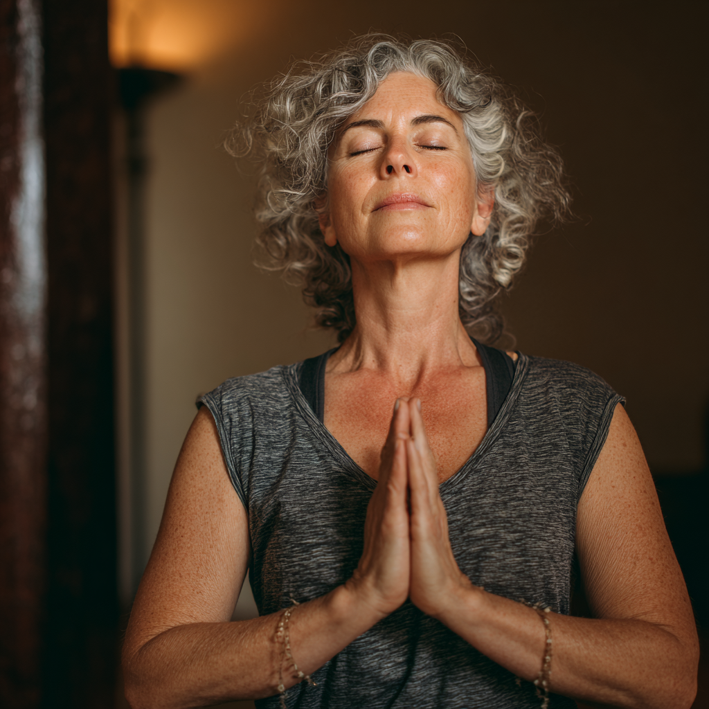mature woman in peaceful meditation pose during yoga session